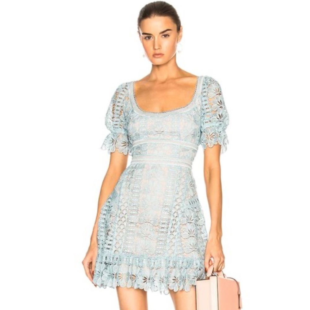 Self-Portrait Light Blue Lace Mini Dress